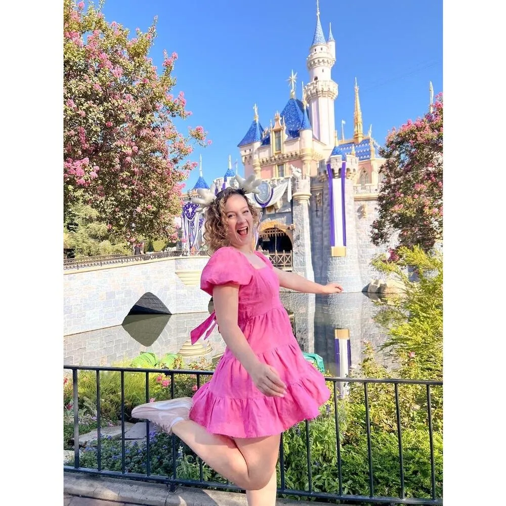 LOUNA Pink Linen Blend Tiered Puff Sleeve Tie Back Square Neckline Mini Dress S - Image 5