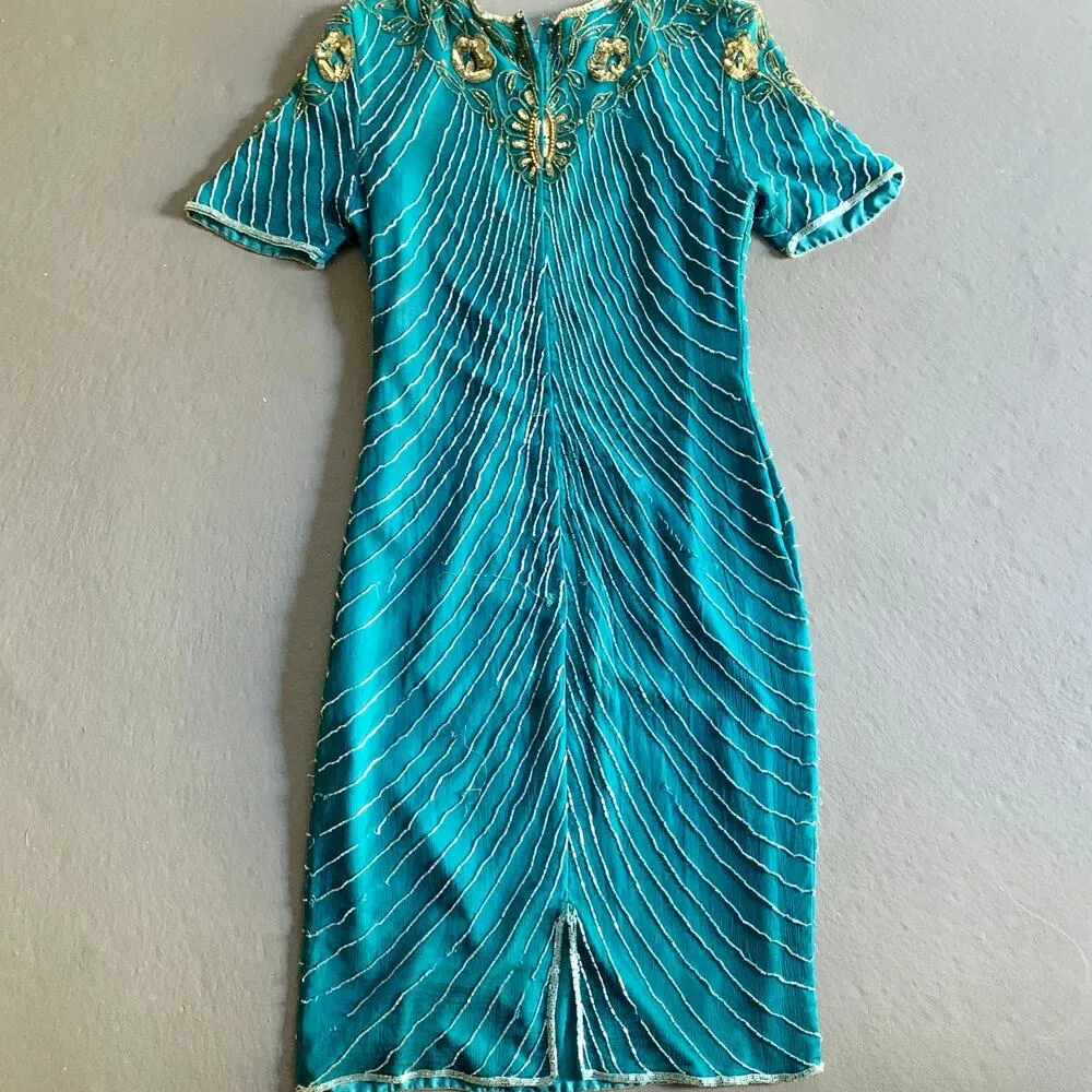 Vintage Mark & John Green Beaded Silk Bejeweled 1960s Turquoise Cocktail Dress M Size M - Image 7