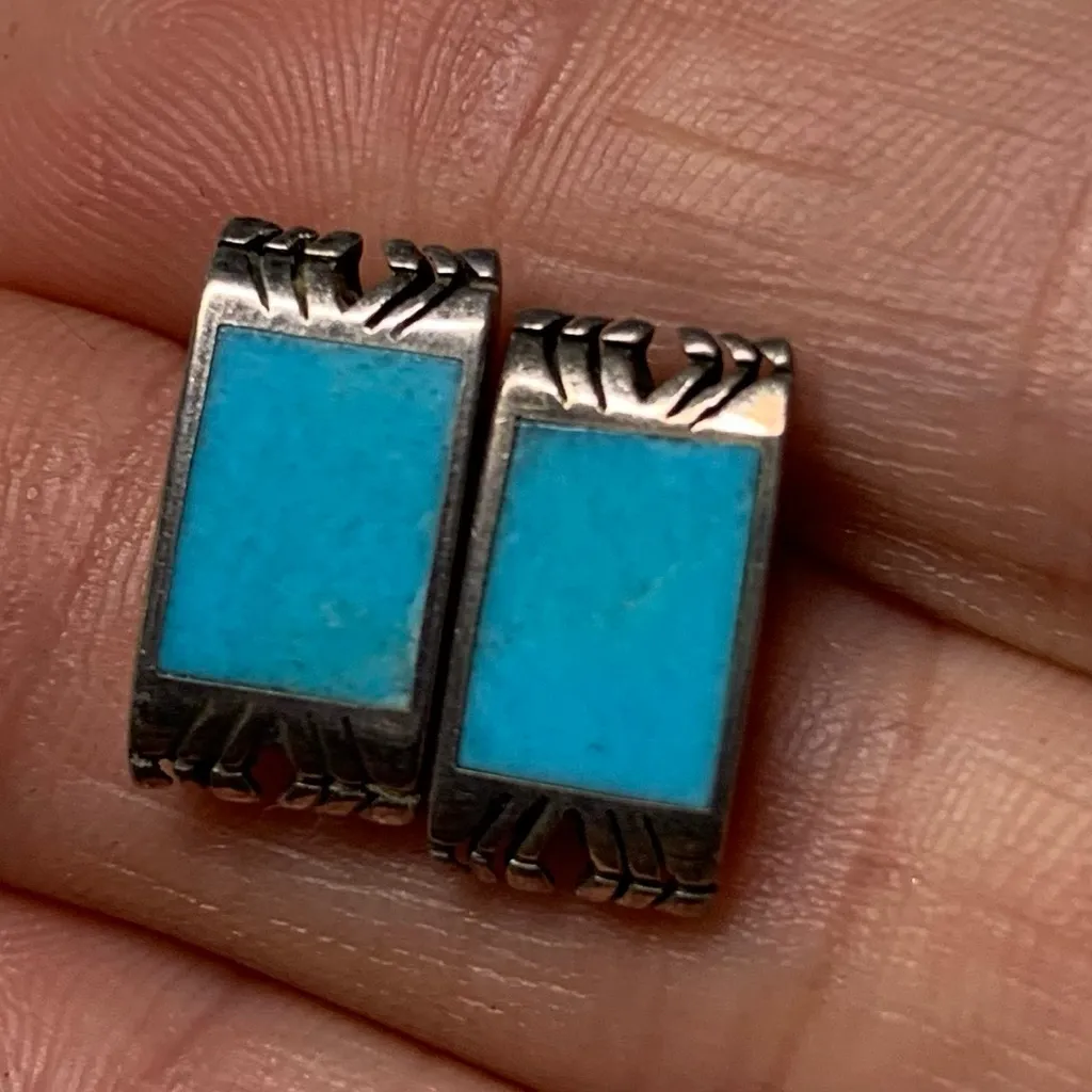 Sterling Silver Turquoise Inlay Stud Earrings Navajo Signed VM Rectangle 925 - Image 4