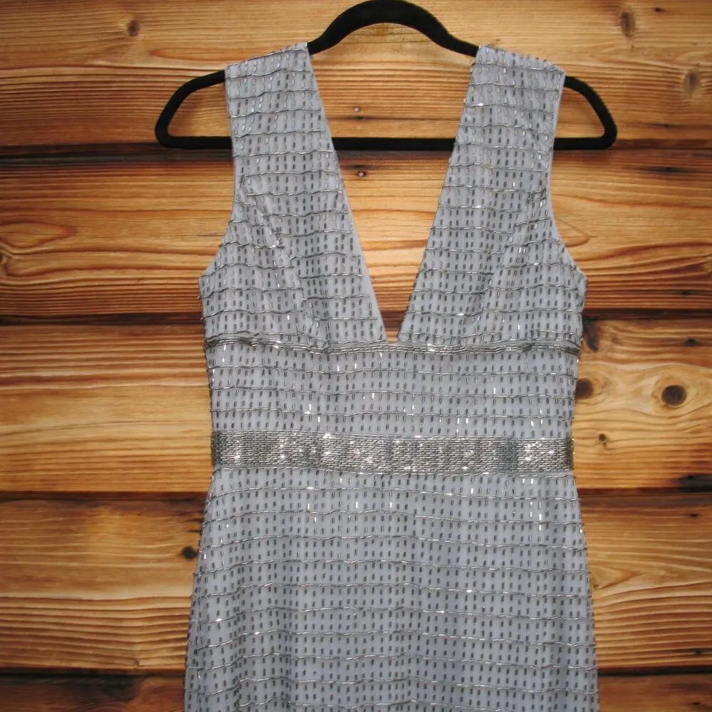 Mac Duggal 5625 Beaded Cap Sleeve V Neck Column Gown Dress Silver Size 4 - Image 8