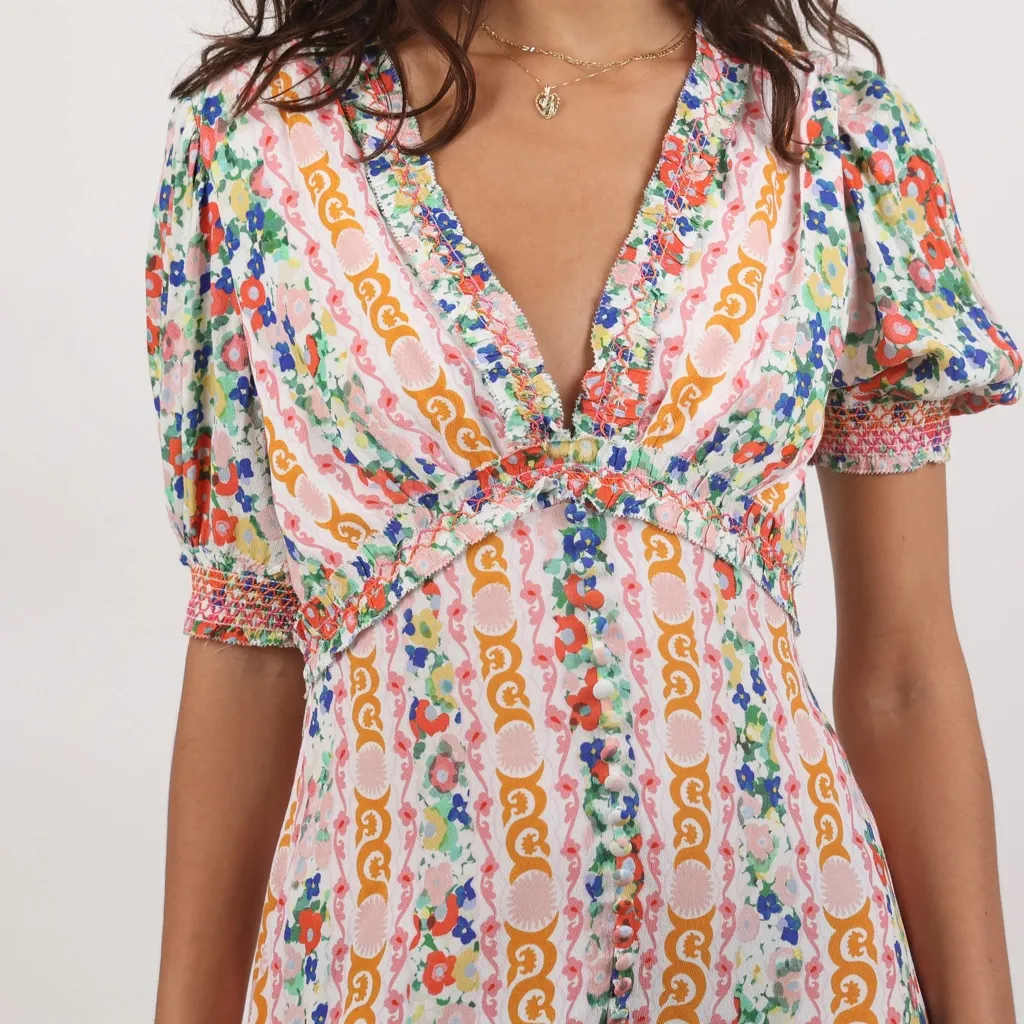 Saloni Lea Puff Sleeve Striped Floral Print Mini Dress Baby Pink Size US 4 - Image 14