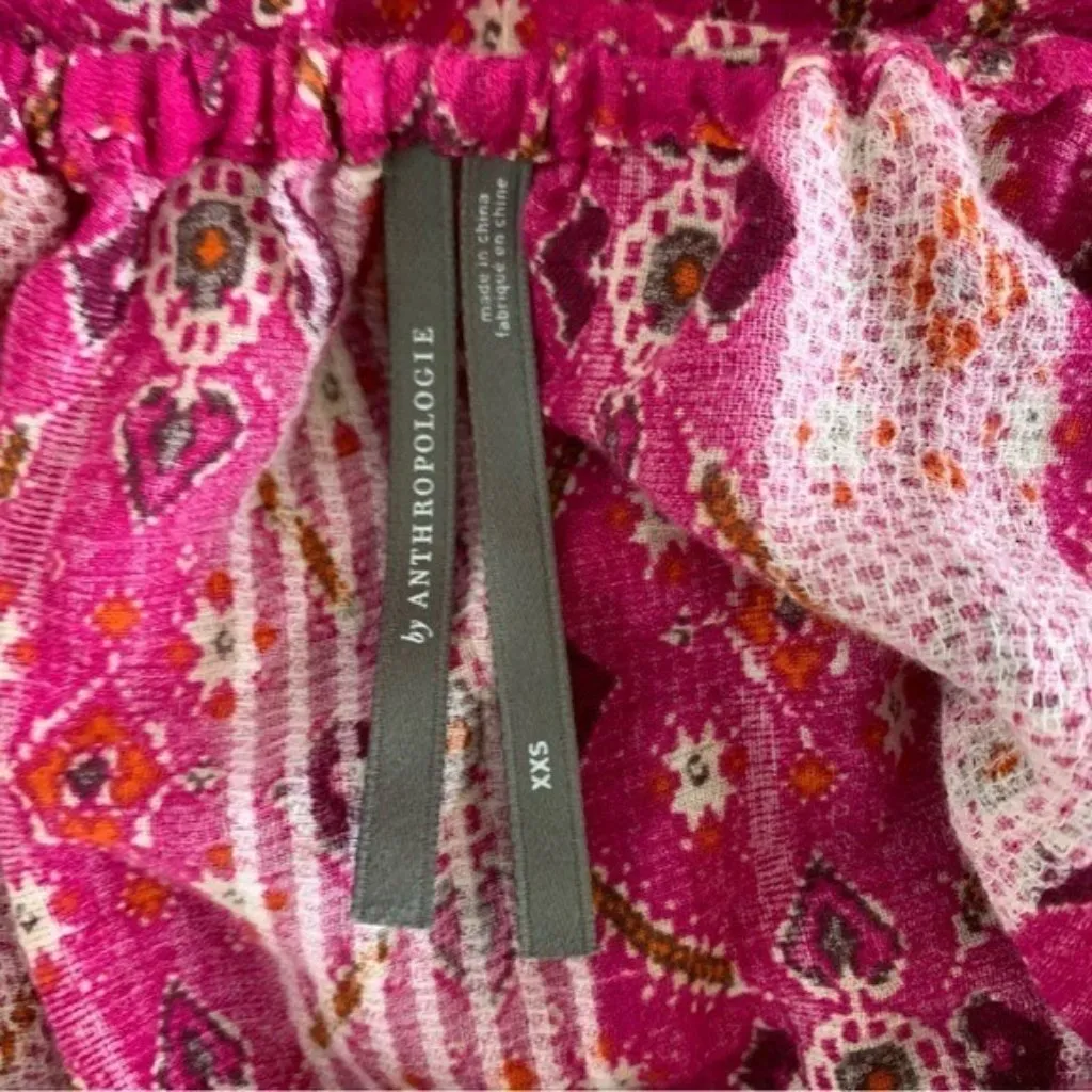 Anthropologie XXS Boho One Shoulder Puff Sleeve‎ Pink Floral Peasant Blouse Top - Image 6