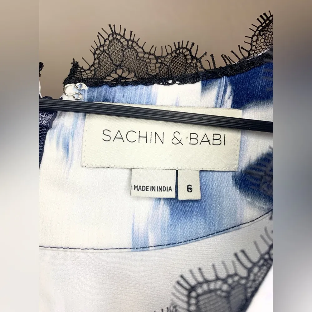 Sachin and Babi Jenny Abstract Floral Lace Trim Dress Size 6 Blue - Image 11