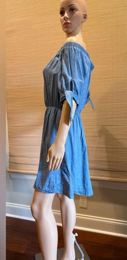 New York & Company Blue Lightweight Denim Off Shoulder Short Sleeve Dress Size L - Image 2