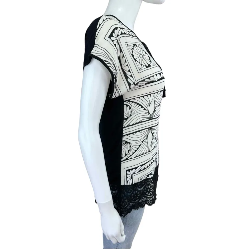 TINY Black Print Crochet Trim Top Size XS - Image 2