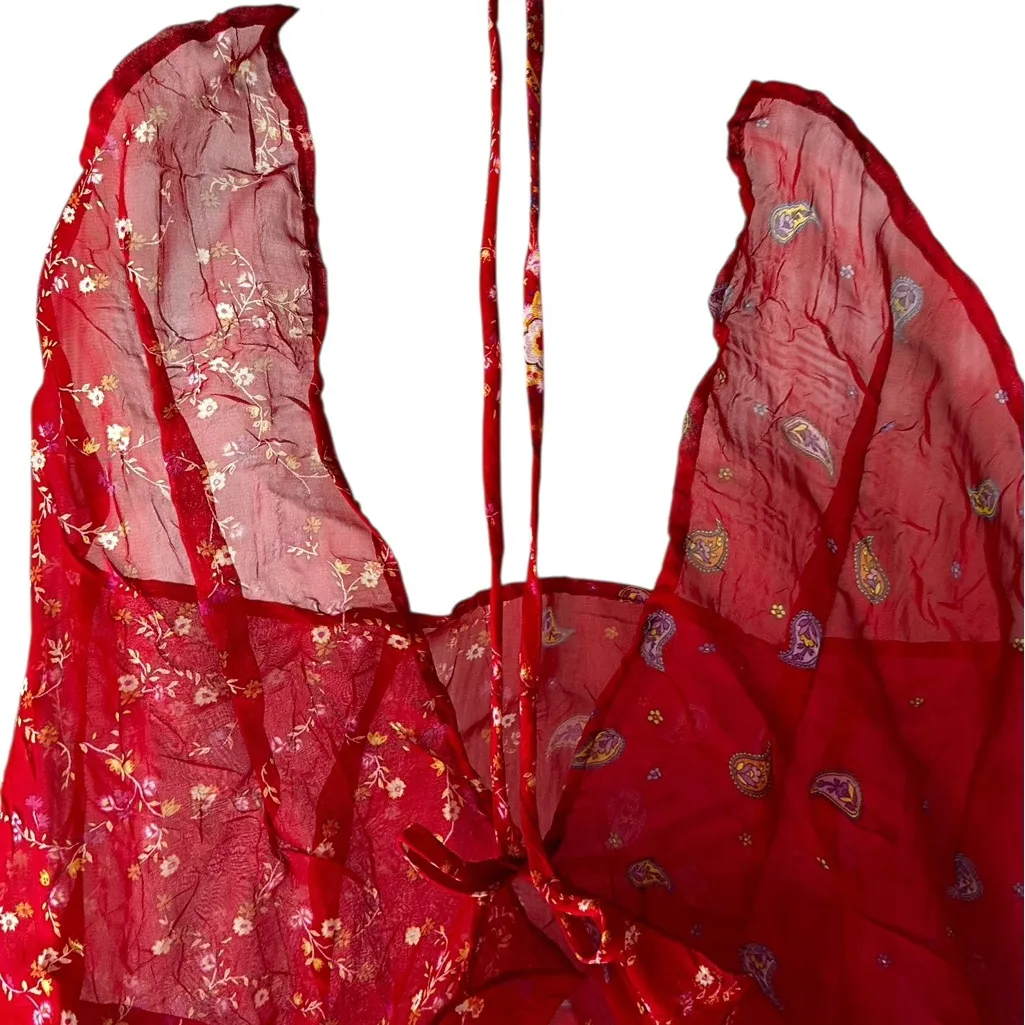 Vintage Frederick’s Of Hollywood Sheer Tie Front Top Red Paisley Boho Size L - Image 7