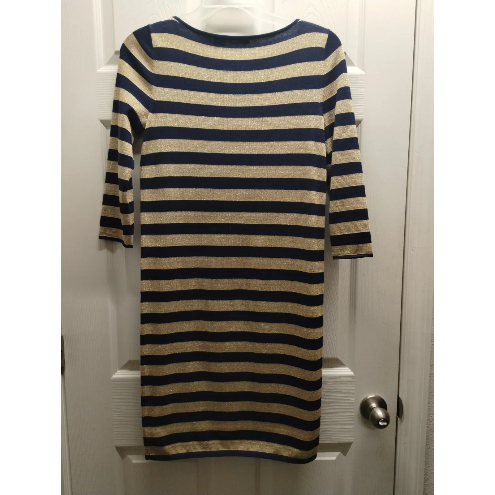 Lauren Ralph Lauren Size Small Gold Metallic & Navy Blue Striped Shift Dress - Image 3