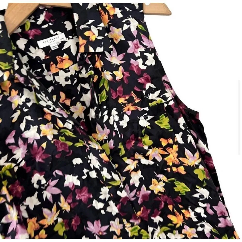 Equipment Femme Tira Black Floral Silk Diagonal Hem Midi Dress Size Medium - Image 5