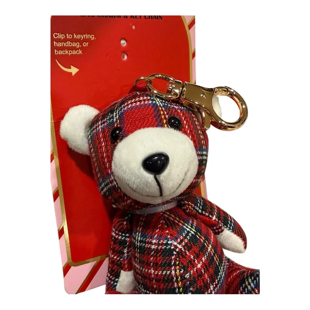 piper·k Plaid Teddy Bear Bag Charm & Keychain | NWT Red - Image 5