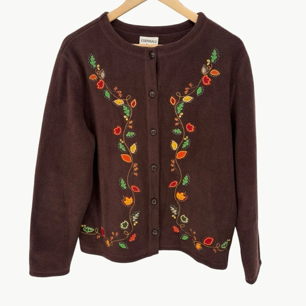 Vintage 90s Essentials by Maggie Embroidered Fleece Cardigan | Sz Large | Brown - Image 2