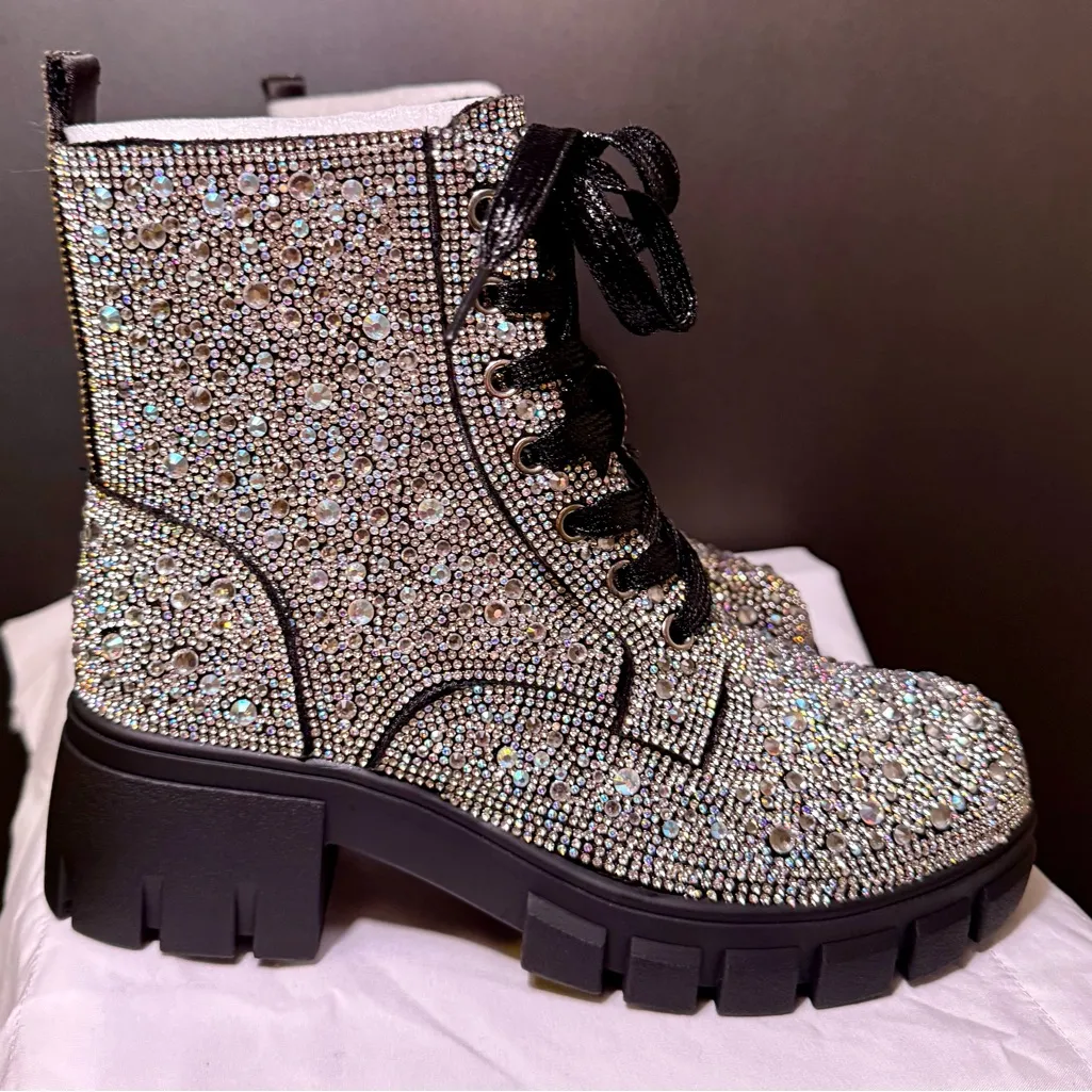 Hey Girl by Corkys Rhinestone Combat Boots Lug Sole Bling Ankle Boots Silver Size 7 - Image 2
