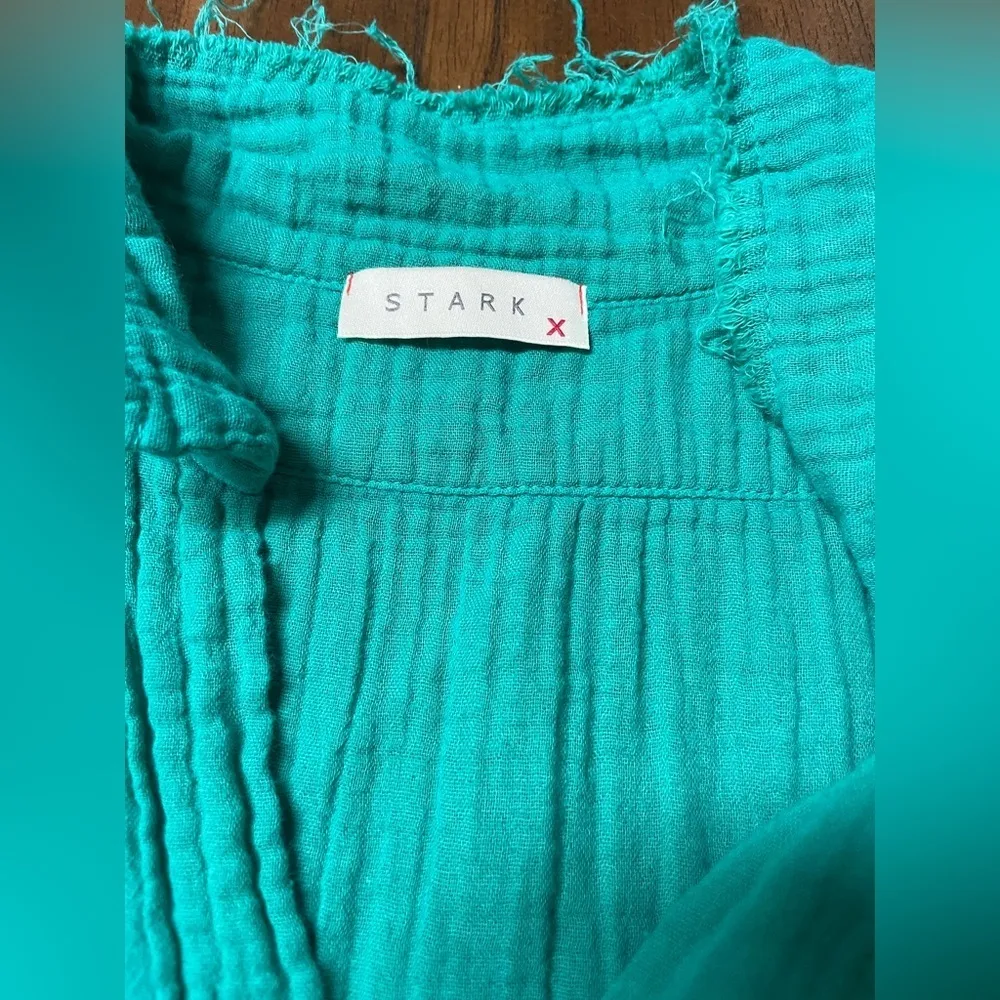 Stark X Cotton Gauze Sleeveless Dress Pockets Flowy Collared Breezy Med Green - Image 9