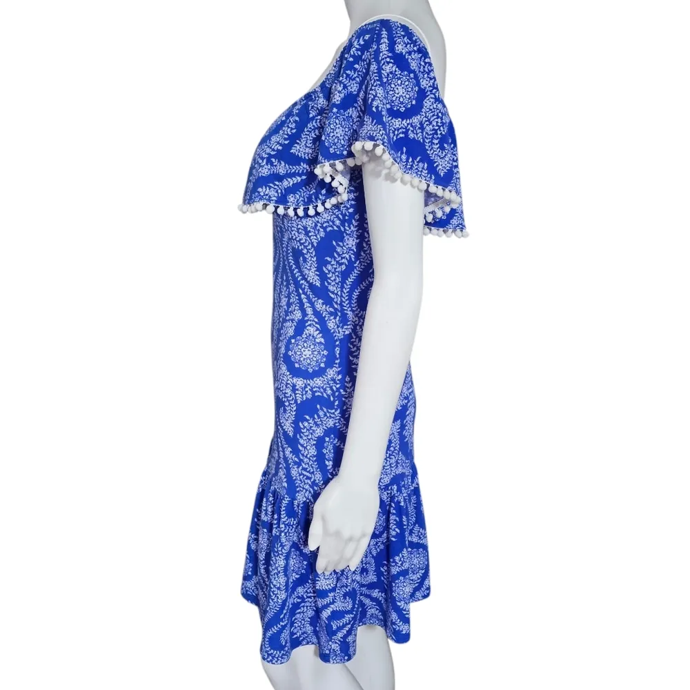 Venus Blue Paisley Off-Shoulder Pom Pom Trim Paisley Mini Dress Size Small - Image 3