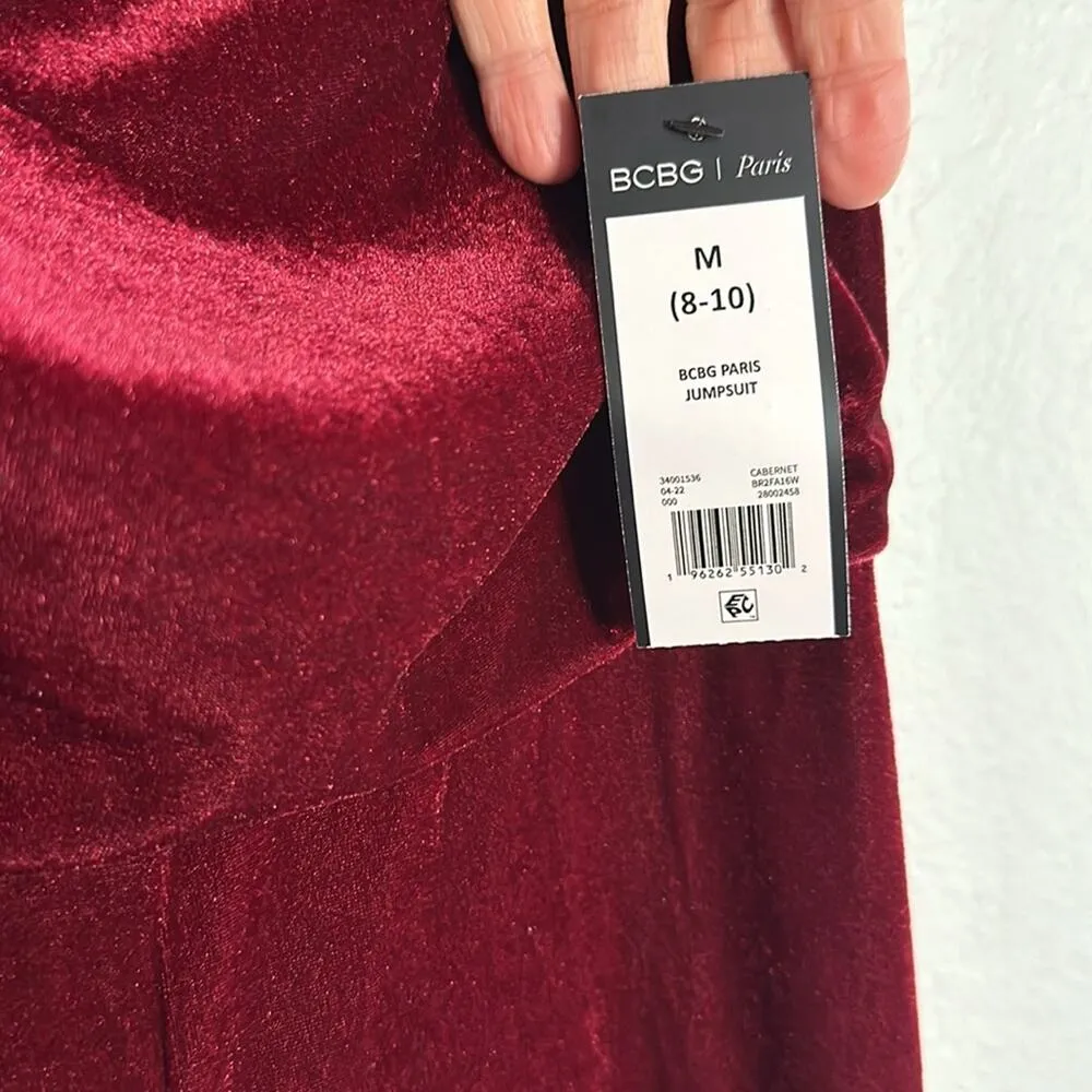 NEW BCBG Paris Burgundy Wine Velvet Jumpsuit Holiday Vampire Fall Wide Leg Red Size M - Image 5