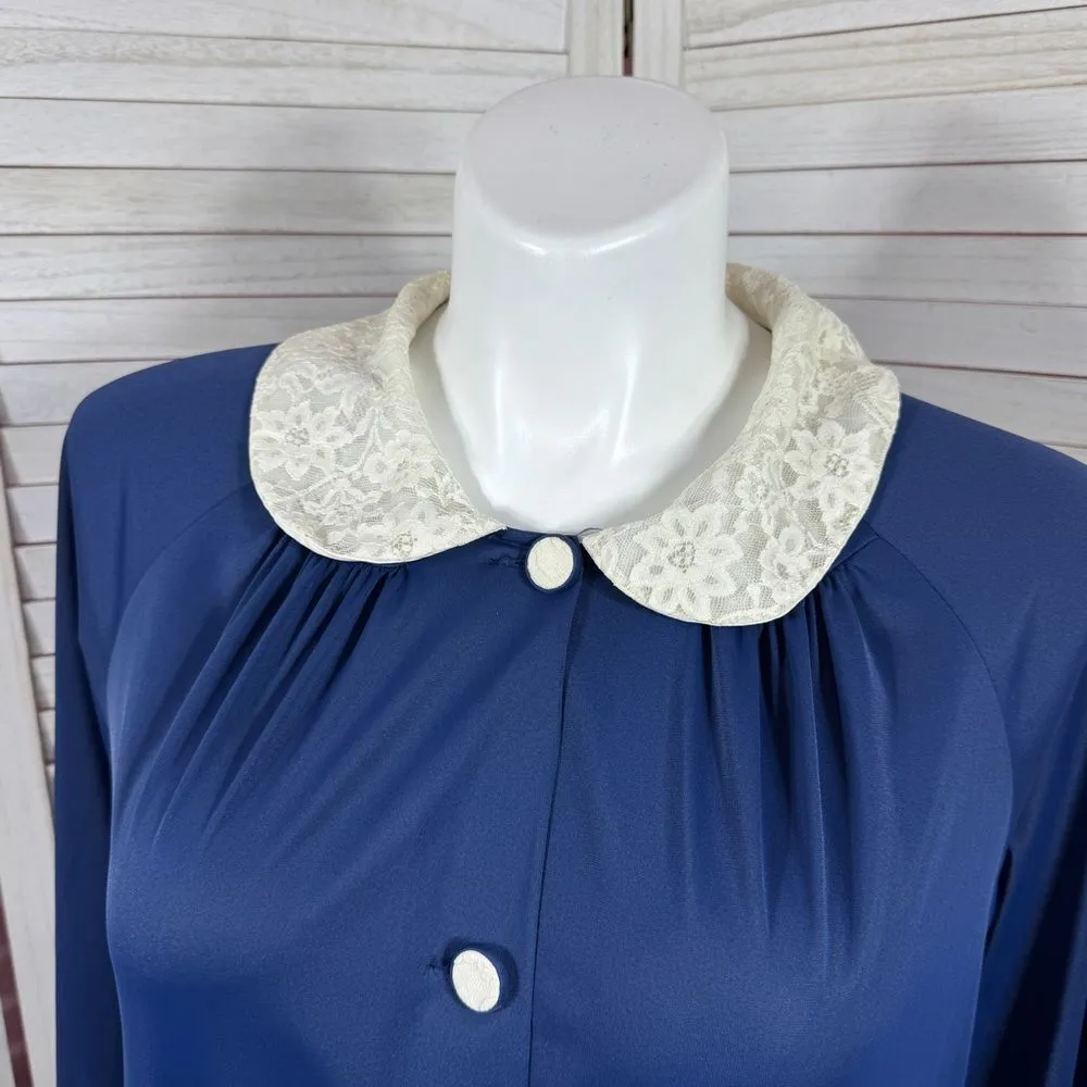 Vintage Shadowline Lace Collar Housecoat Robe Long Sleeve Blue Large - Image 5
