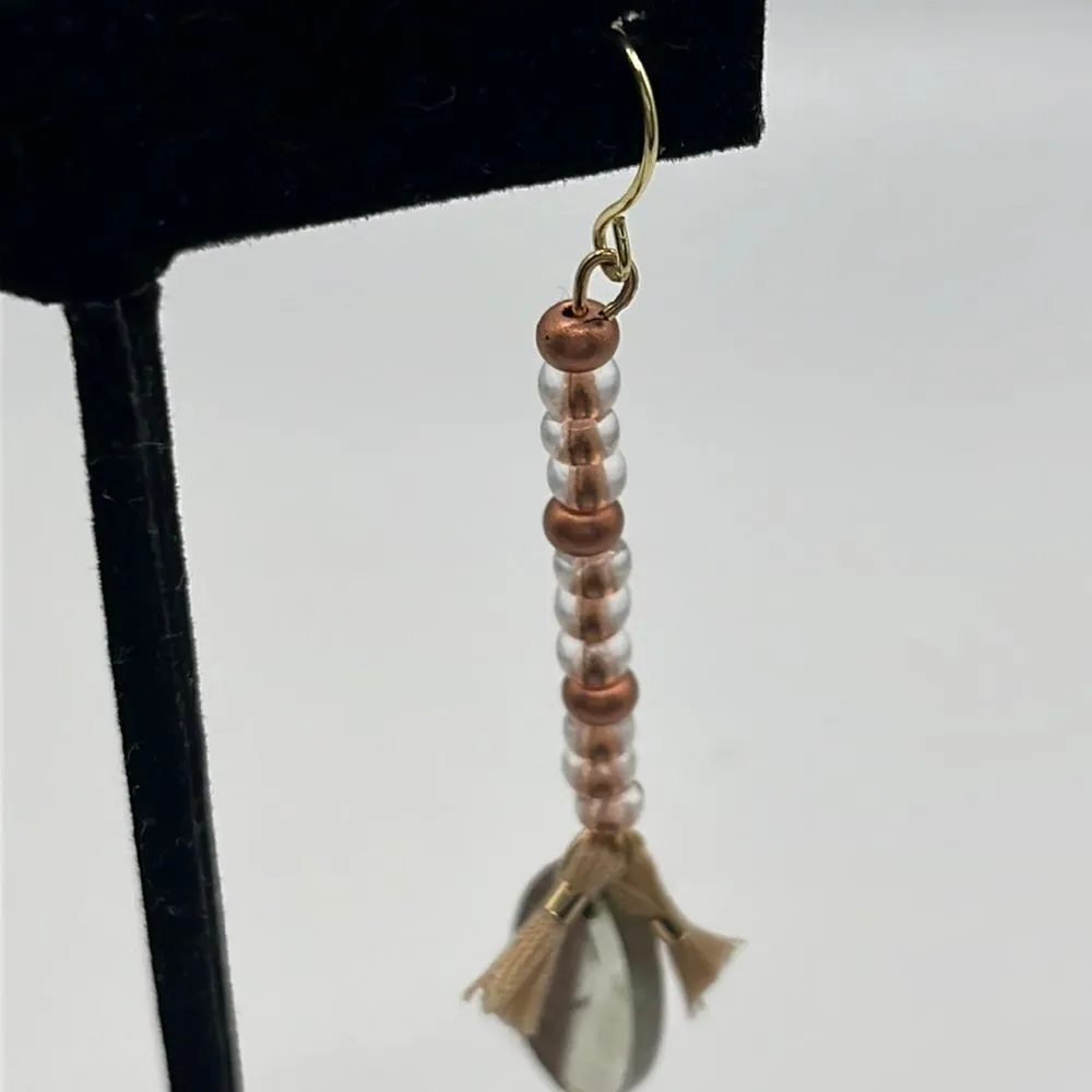 2.5” Gold Tone Drop Boho Earrings w/ Rose Gold/Clear Beads Beige Tassels & Charm Gold - Image 3