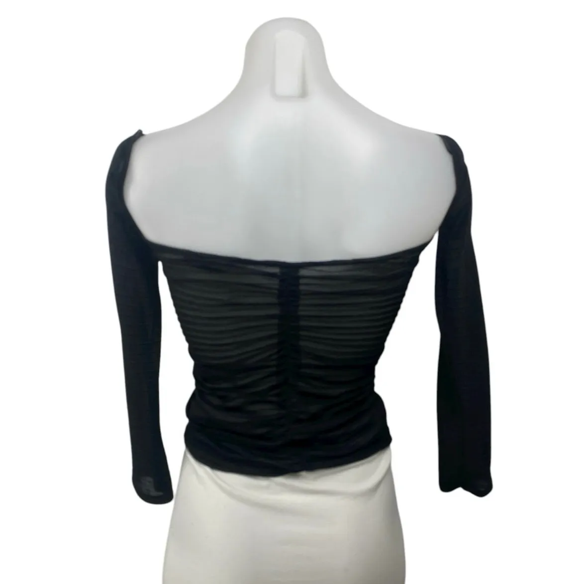 Zara Black Ruched Chiffon Sheer Square Neck Long Sleeve Crop Blouse Top Size S - Image 2