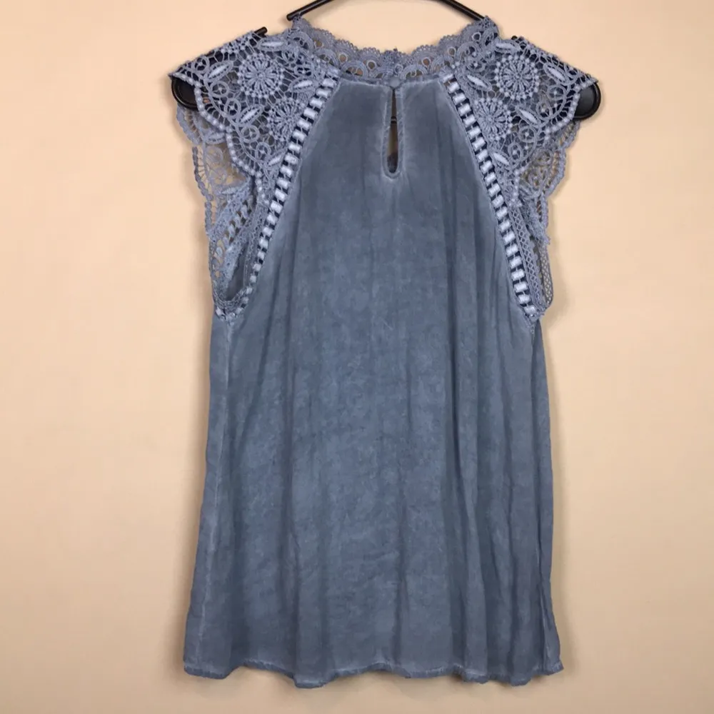 Blue Rain Women’s Floral Crochet Lace Cap Sleeve Blue Keyhole Back Blouse - Image 4