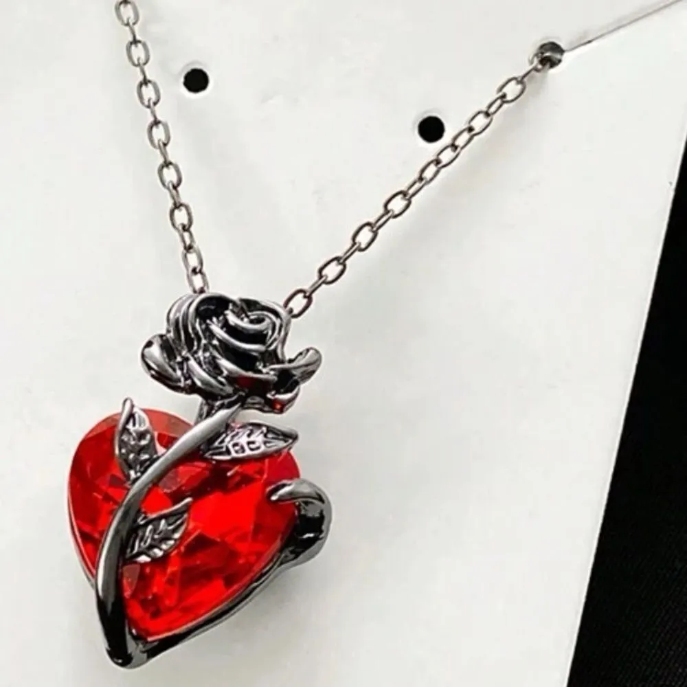 Gorgeous red ruby like stone set in black metal rose and chain! New - Image 5