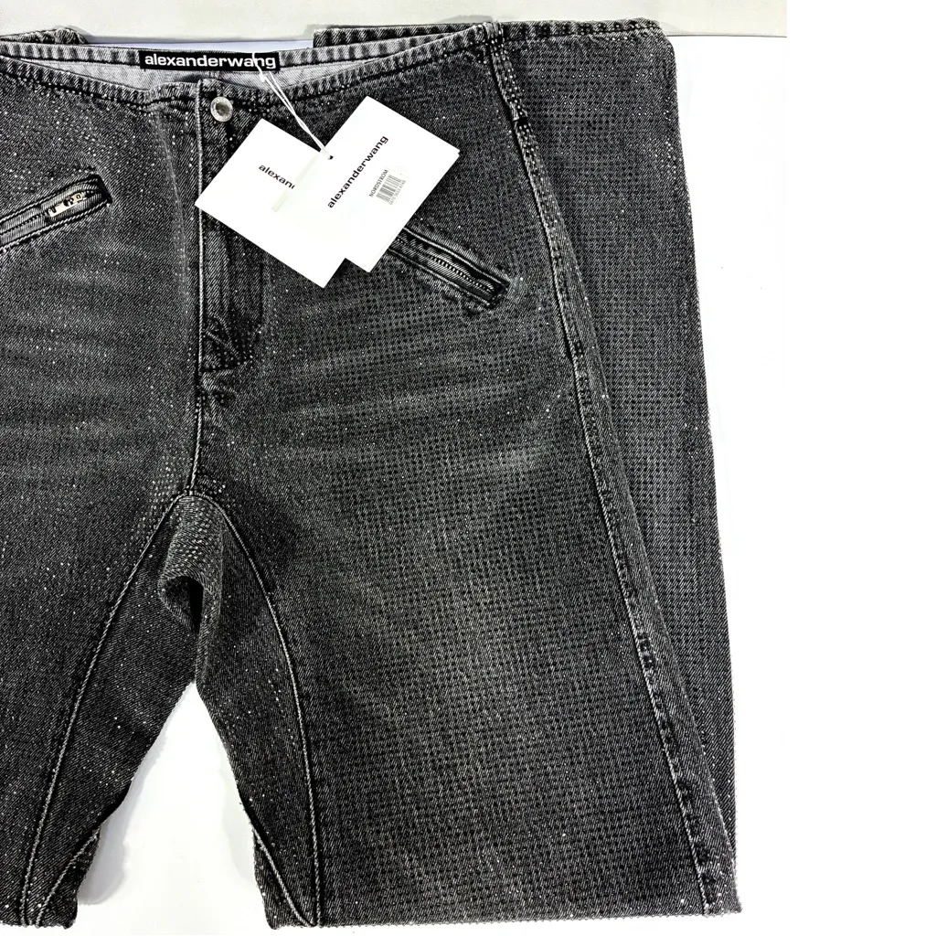 Alexander Wang Hotfix Crystal Moto Jeans Pants Black Crackle Grey 28 NWT - Image 6