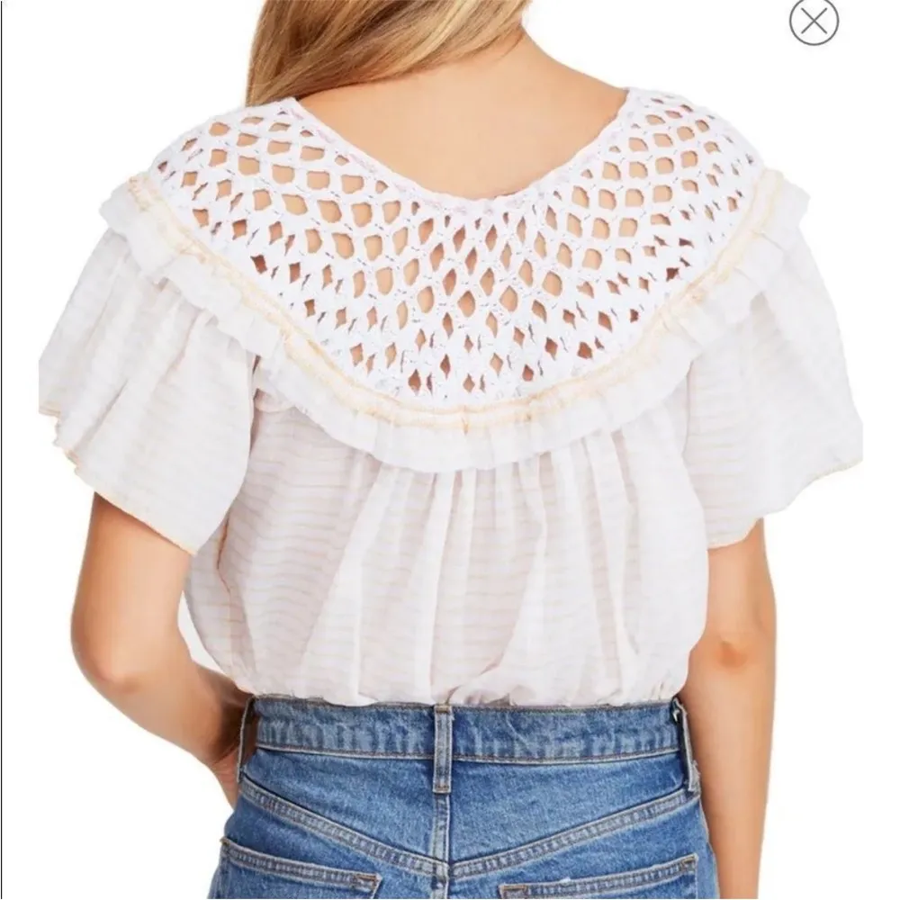 Free People Allora Cotton Crochet Ruffle Tassel Boho Blouse Top Cropped Peach - Image 7