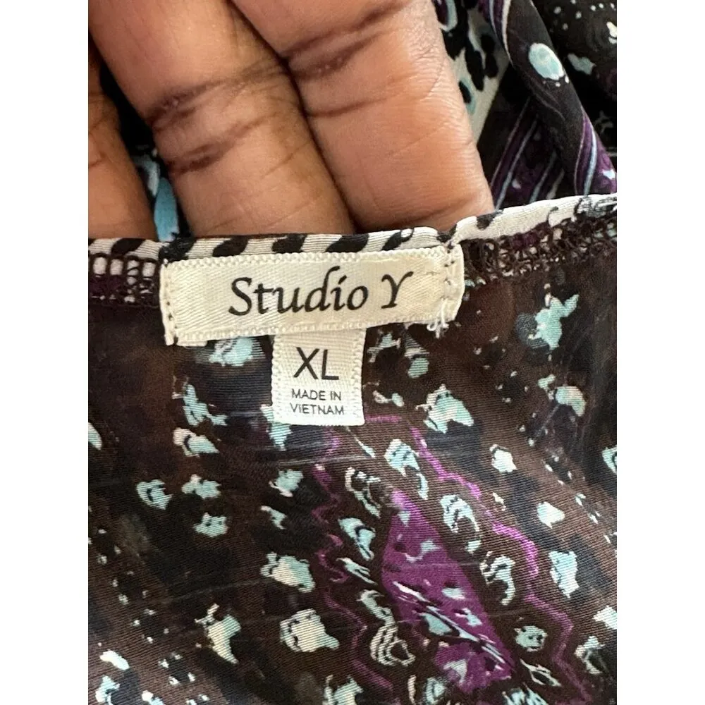 Studio Y Sheer Floral Paisley Beaded  Blouse V Neck Sz XL  Purple Whimsigoth - Image 5