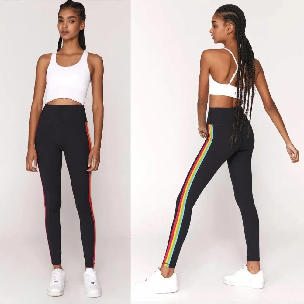 Spiritual Gangster Essential High Waist Rainbow Striped Leggings Black Size XS‎ - Image 2