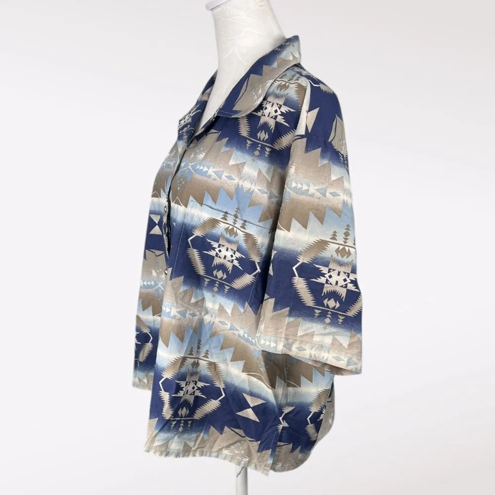 Roper Aztec Print Button Down Shirt Short Sleeve Size Large Blue - Image 4