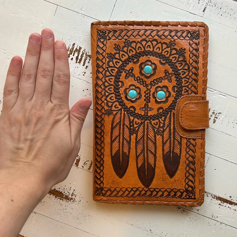 Tooled embellished turquoise stone leather wallet with dream catcher feather Brown - Image 10