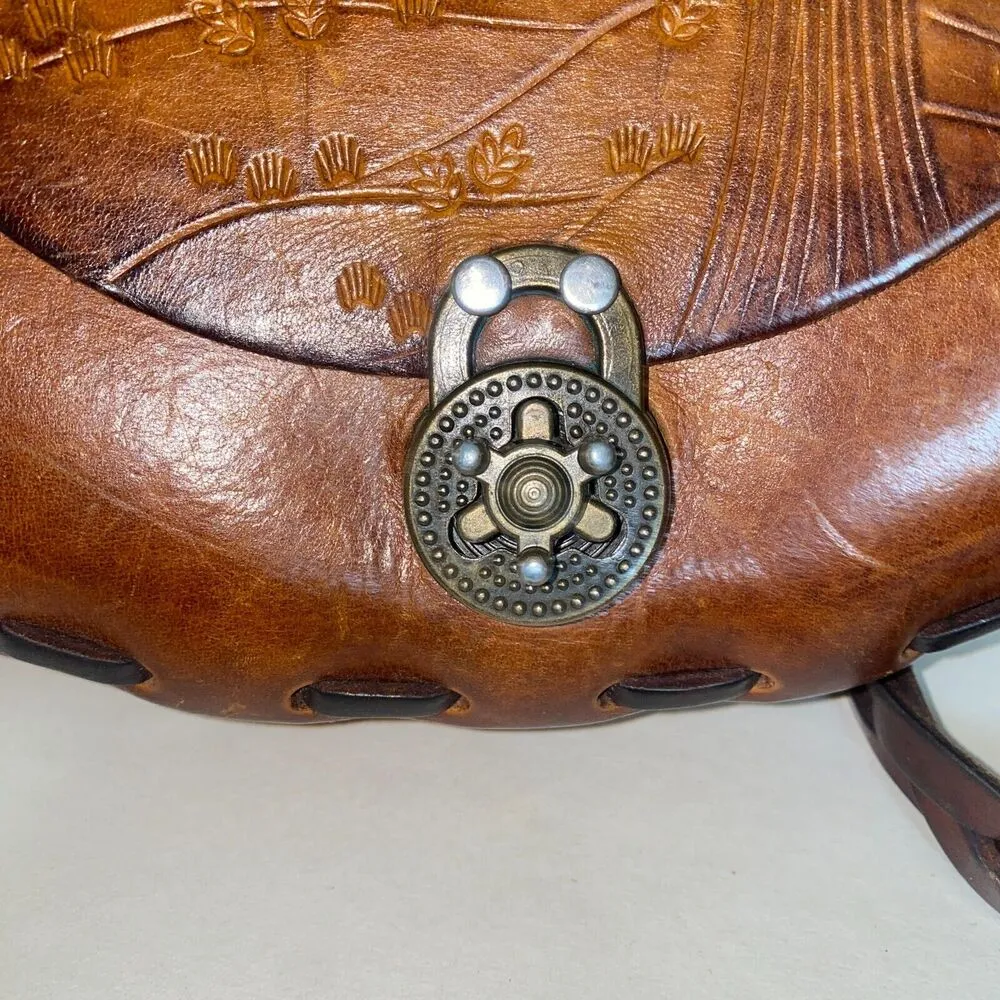 Genuine Etched Boho Saddle Braided Leather Shoulder Handcrafted 3 Cross Handbag - Image 6
