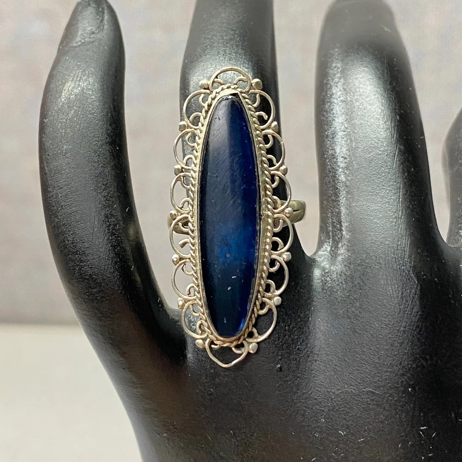 Vintage Sterling Silver Oval Blue Glass Filigree Ring Mexico 925 Old Money - Image 3
