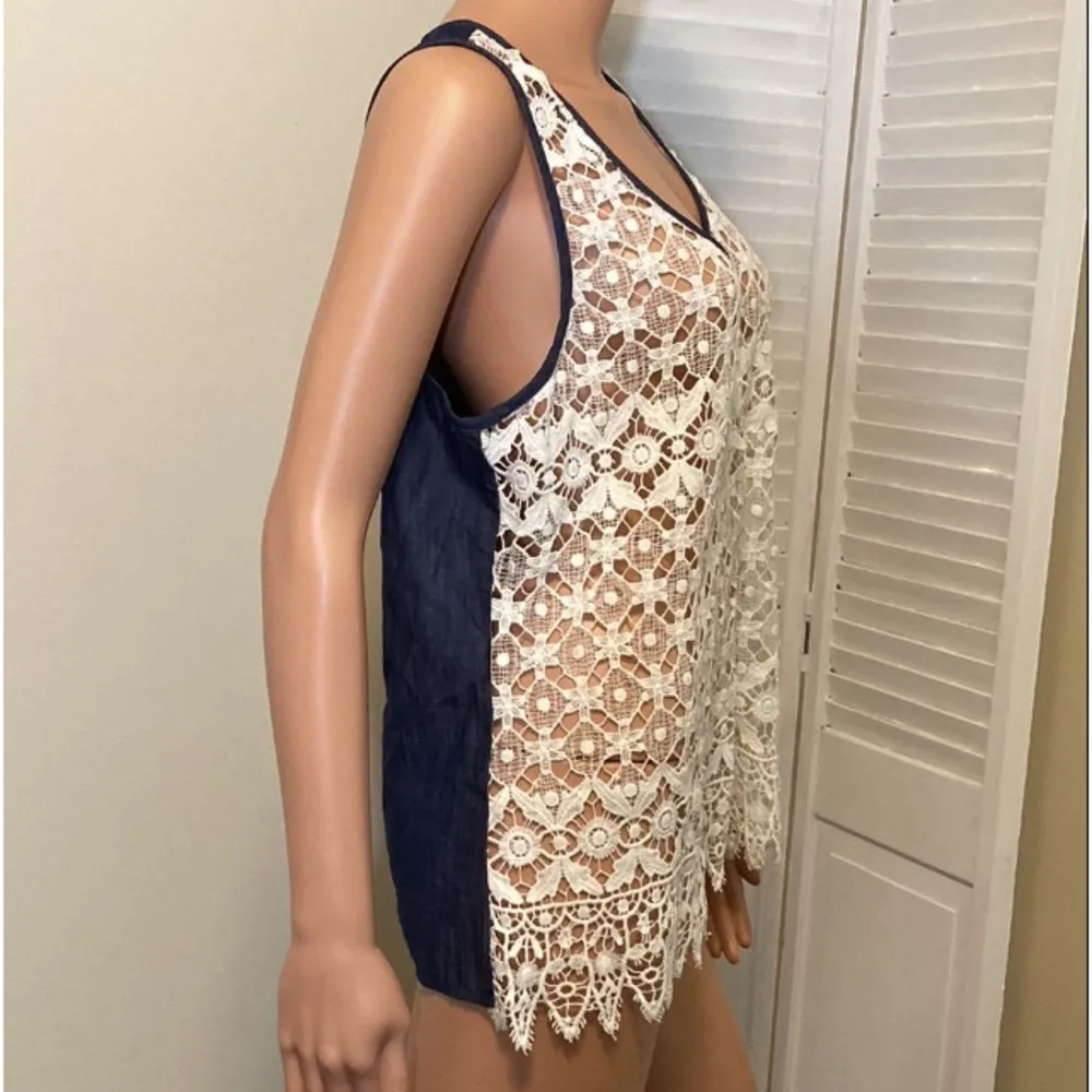 Karen Kane Womens Size Large Americana Chambray lace tank top sleeveless NWT - Image 4