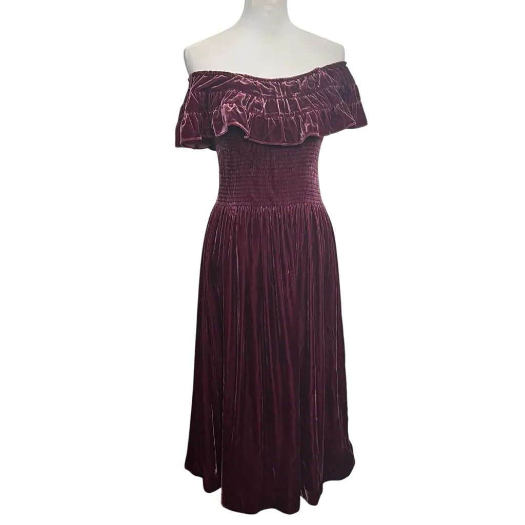 Hill House Akilah Off Shoulder Midi Dress Women’s Size Medium Burgundy Velvet - Image 2