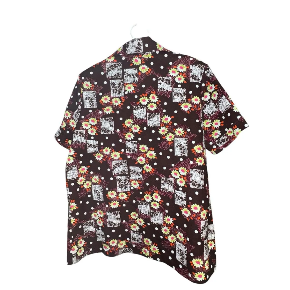Vintage 70s Floral Short Sleeve Double Knit Polyester Grannycore Shirt 22” Chest Brown Size L - Image 4