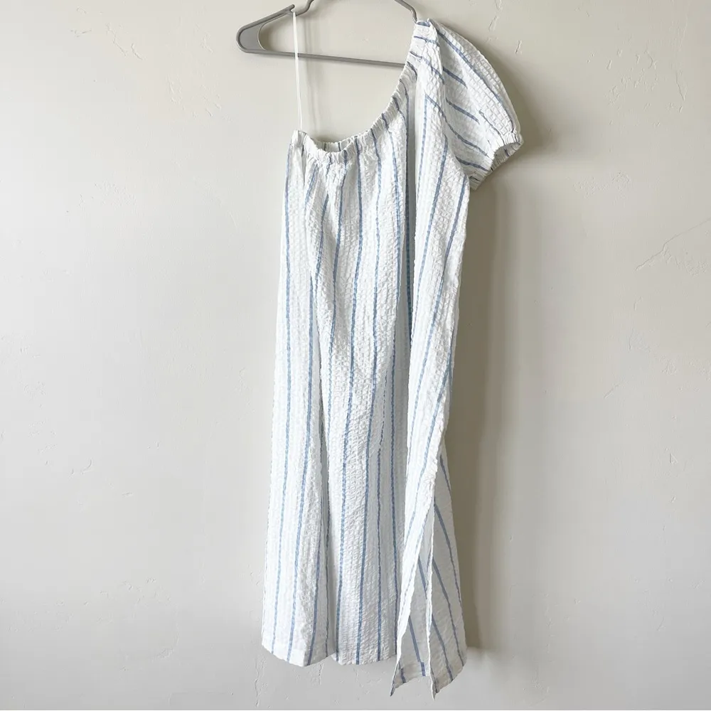 Madewell Seersucker One Shoulder Puff Sleeve Midi Dress Blue Stripe XXS NWT - Image 4