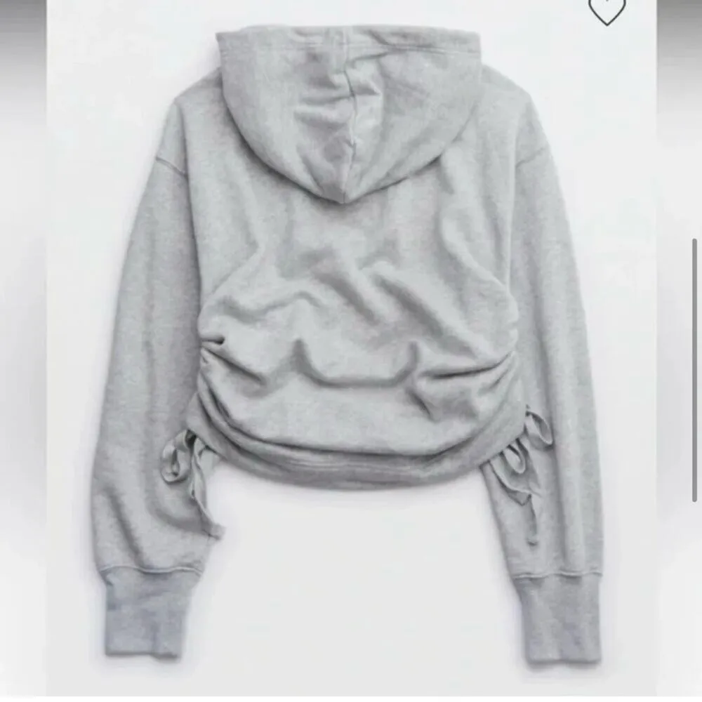 Aerie Hoodie Sweatshirt Oversized Cinch Side Ruched Pullover Grey Cropped XS NEW - Image 4