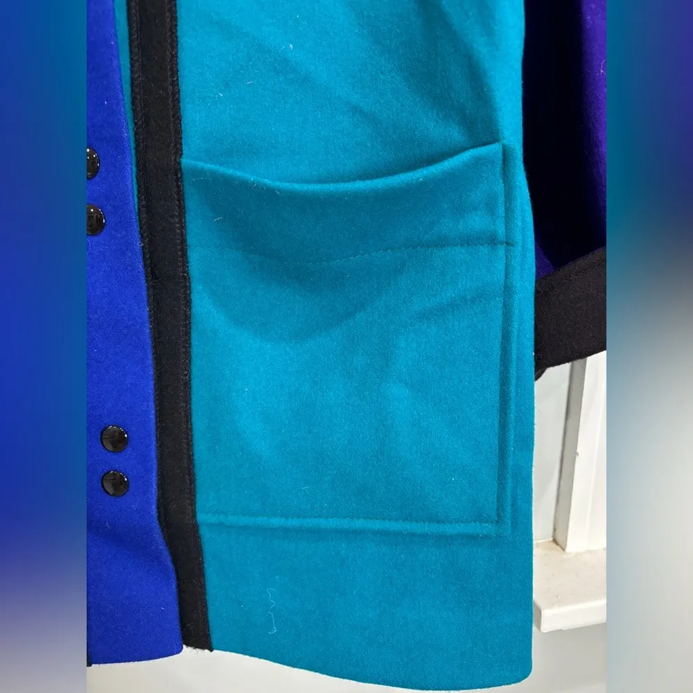 VTG 80s INTERNATIONAL SCENE Sz 7/8 Color Block 100% Wool Coat MADE IN YUGOSLAVIA Blue - Image 2