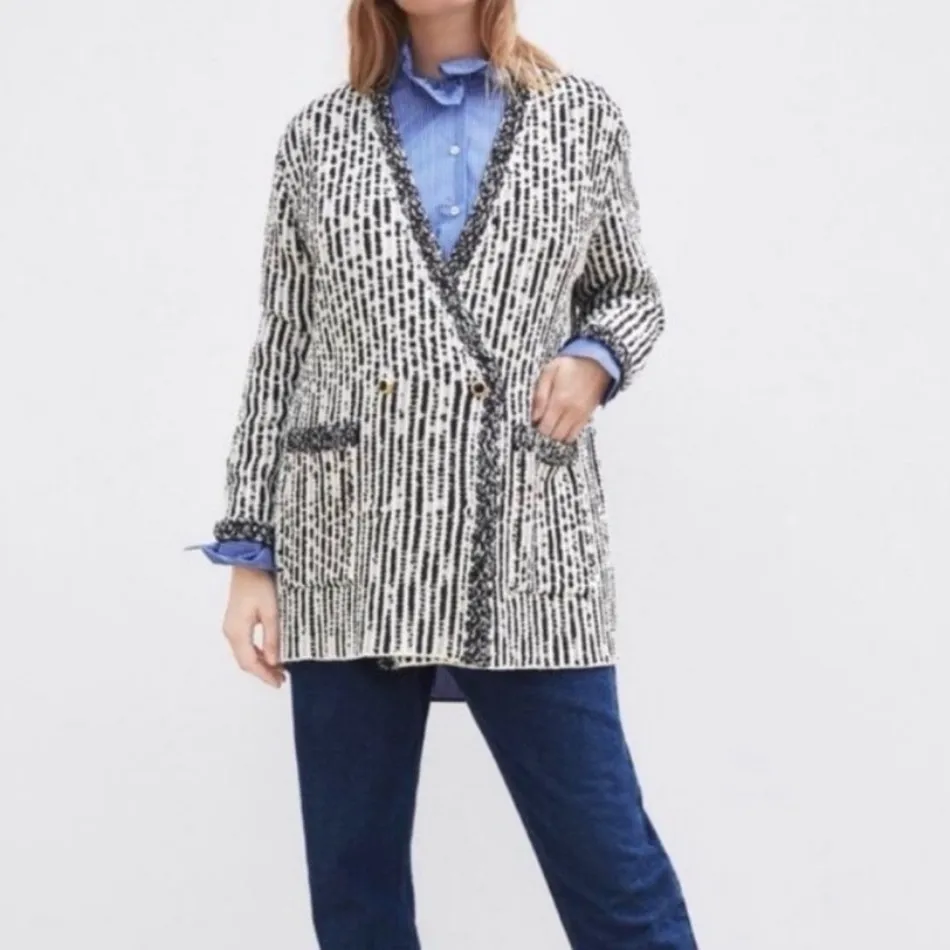 Zara Structured Knit Bloggers Favorite Black and White Blazer Jacket Oversized M - Image 5