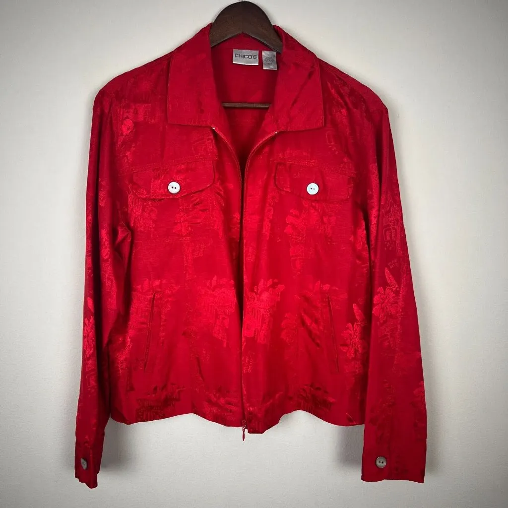 Chicos 1 Silk Blend Jacket Womens Medium Red Satin Pattern‎ Full Zip Lightweight - Image 9