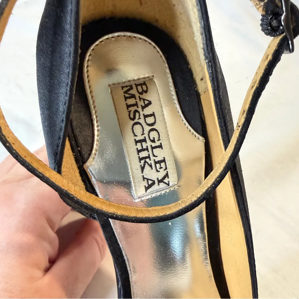 BADGLEY MISCHKA Black Satin Peep Toe Platform Pump Ankle Strap & Bow Accent, 7M - Image 7