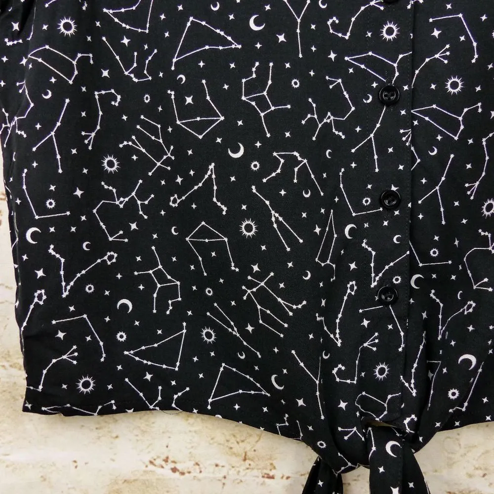 Hot Topic Constellation Tie Front Button Up Top Womens S Black Goth 90s - Image 6