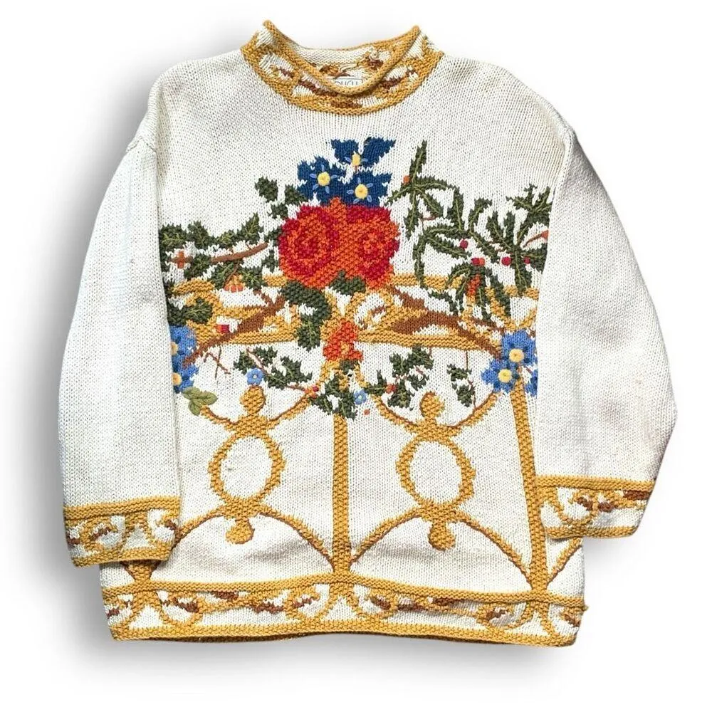 Vintage Lizi Ruch Cream Floral Embroidered Mock Neck Neutral Pullover Sweater Red - Image 9