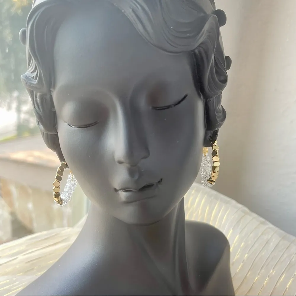 Retro Style Color Block Copper Crystal Hematite Earrings White & Gold Huggie - Image 2