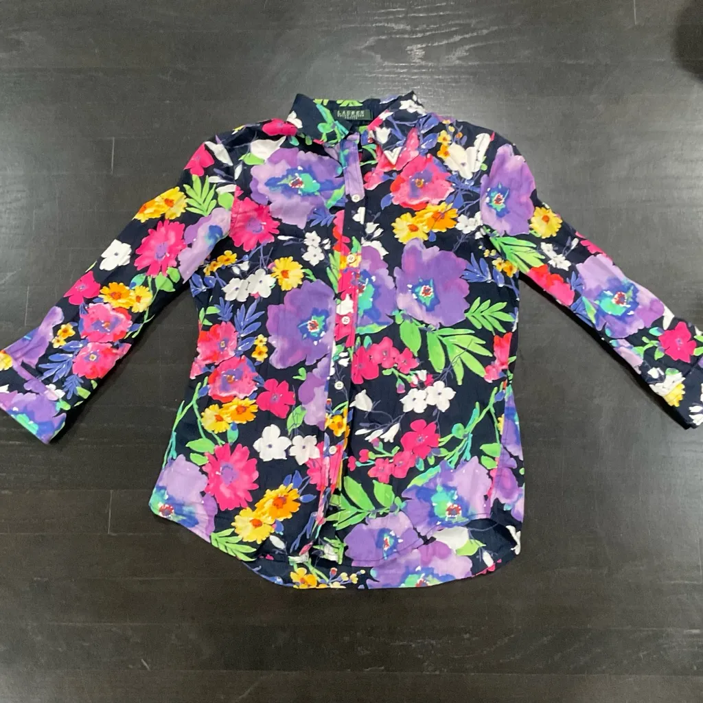 LAUREN RALPH LAUREN 3/4 SLEEVE BUTTON FRONT SHIRT TOP BLOUSE NAVY FLORAL Size undefined - Image 4