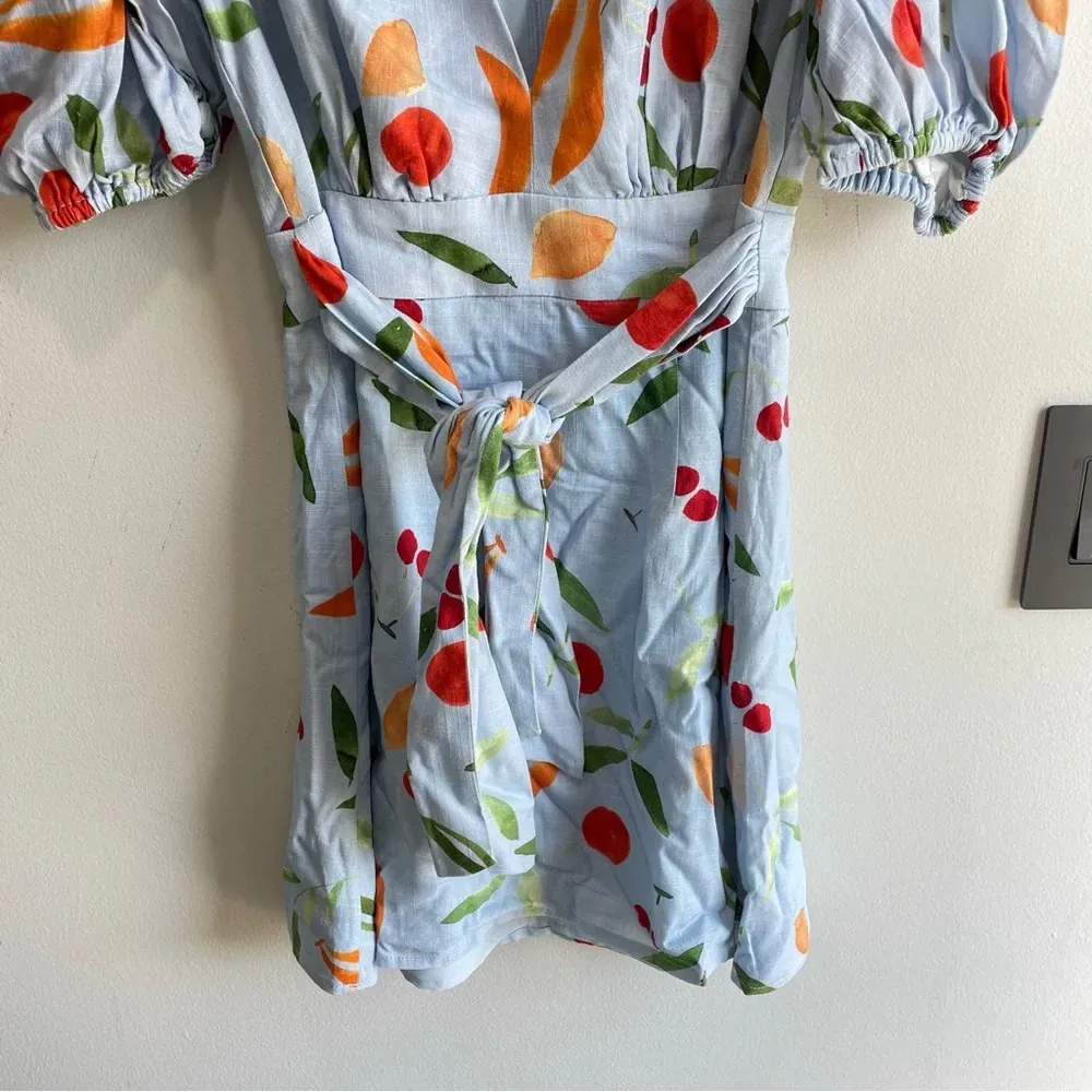 Finders Keepers Calypso Light Blue Fruit Print Puff Sleeve Mini Dress NWT Small - Image 7