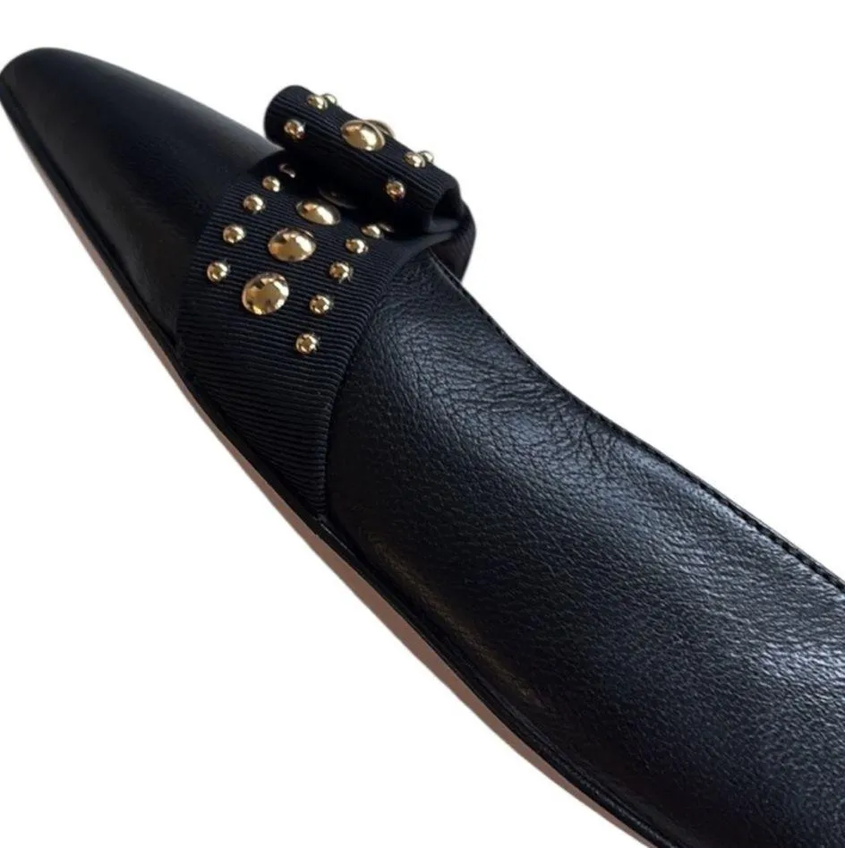 EUC J. Crew Leather Gwen Sling Back Gold
Studded Bow Flats Black Size 8 - Image 6