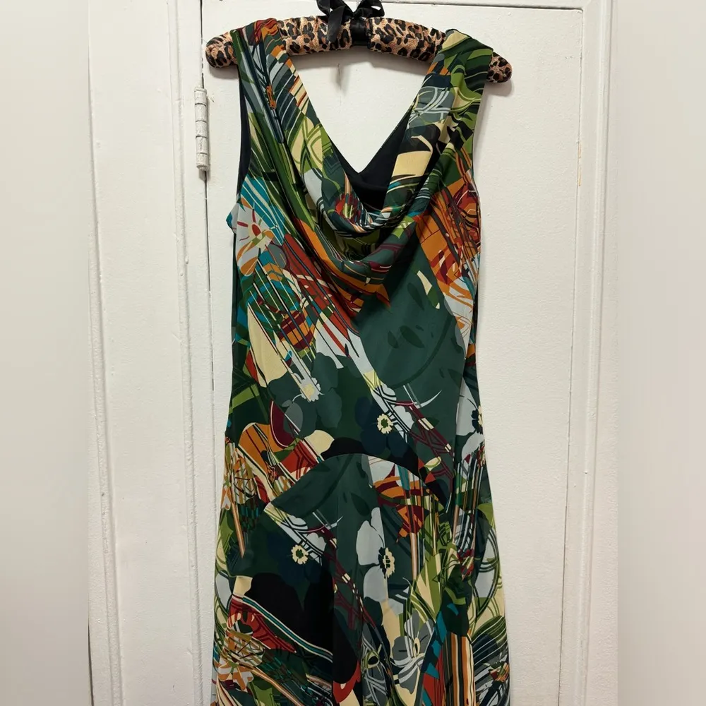 Vintage 90s Signature By Robbie Bee Petite Green Multi Printed Chiffon Dress 12 - Image 3