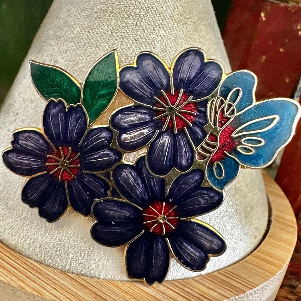 Vintage Cloisonné Butterfly & Purple Floral Brooch - Image 3