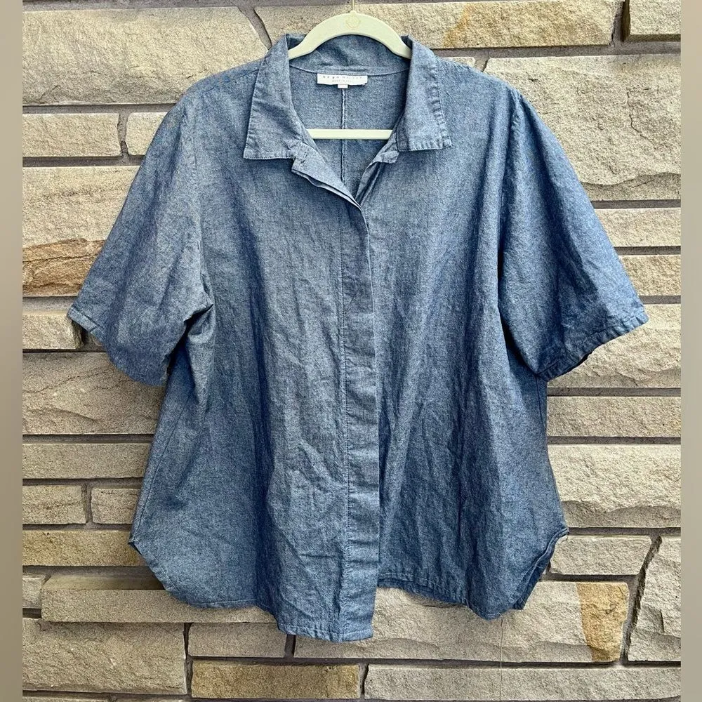 Bryn Walker Oia Blue Chambray Corrado Button Up Denim Shirt XL Lagenlook cotton - Image 2