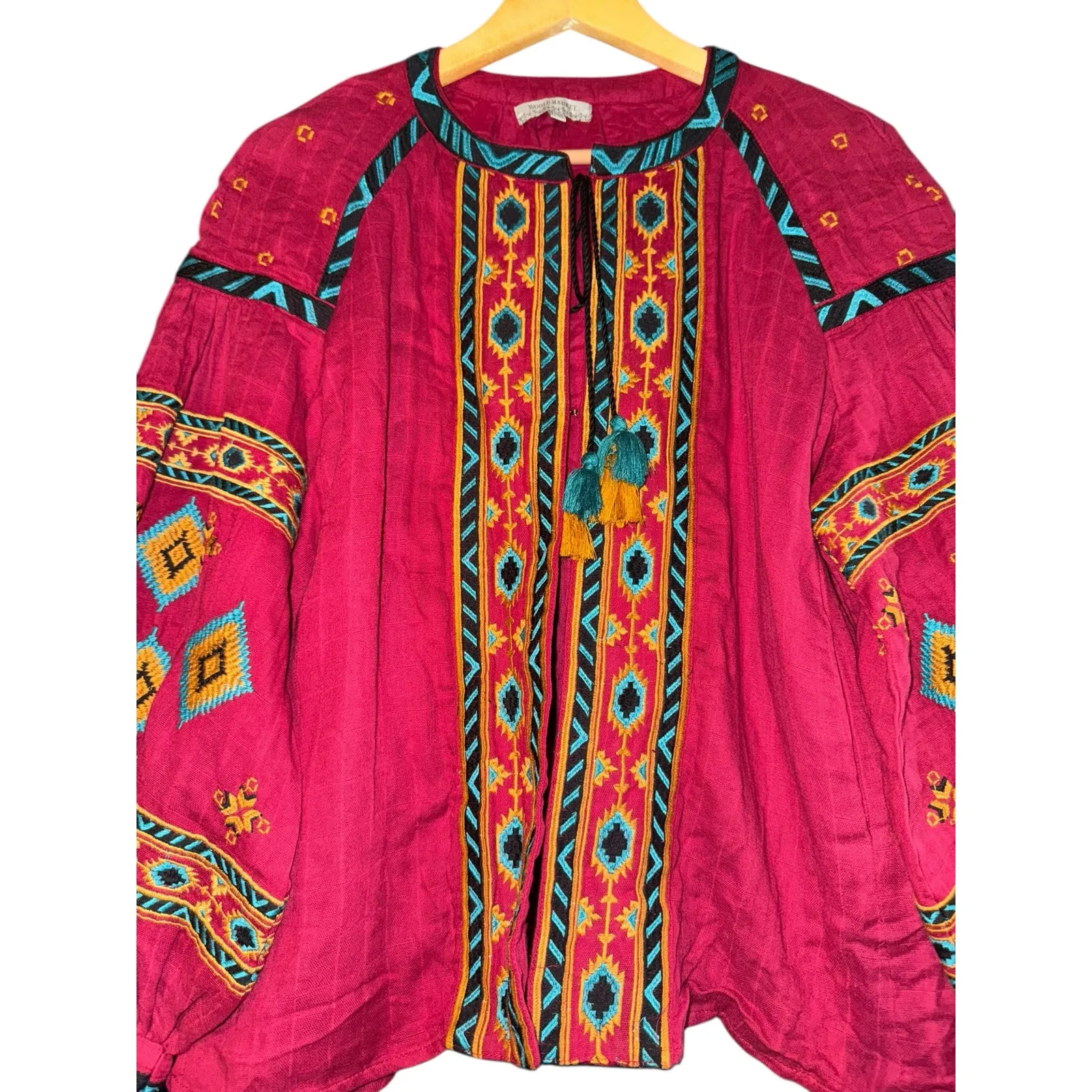 World Market Embroidered Puff Sleeve Jacket L/XL Southwestern Boho Aztec Gauzy Red - Image 3